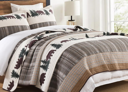 Finlonte Quilt King Size, 100% Cotton Christmas King Size Quilt, Lodge Cabin Farmhouse King Quilt, Brown Green Lightweight Soft Quilt Bedspread Sets for All Season, 3 Pieces