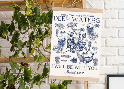 DNEULYR Marine Life Christian Canvas Wall Art, Isaiah 43:2 Bible Verse Wall Decor, Ocean Room Decor, Coastal Nautical Religious Prints Poster for Kids Bedroom Nursery Home, 12x16 Inches