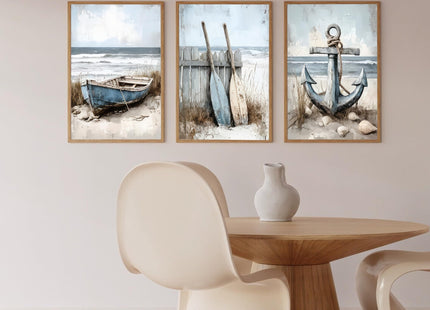 3Pcs Nautical Beach Wall Art Sailboat Paddle And Anchor Paintings Pictures Wall Decor Nautical Posters Prints Artwork Suitable for Living Room Bedroom Home Office Corridor Home Decroation