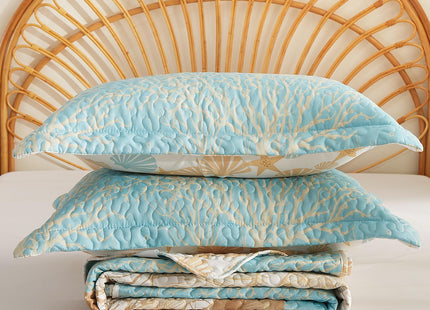 3 Pieces Coastal Quilt Sets King Size-Ocean Theme Coral Shell Starfish Conch Pattern Printed Quilt,Reversible Beach Bedding Set,Summer Soft Lightweight Nautical Bedspread Coverlet(King 106"x96")