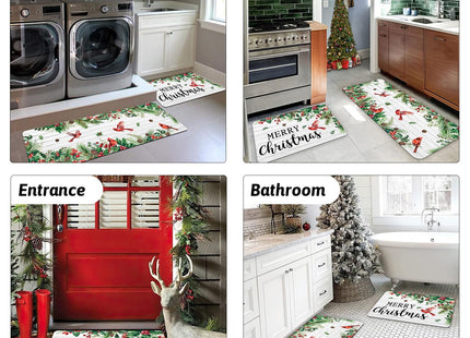 APROPHIC Merry Christmas Kitchen Mat, Cardinal Birds Pinecone Wood Grain Xmas Kitchen Mats for Floor Rug Set of 2, Non Slip with Rubber Backing, Washable Carpet for Hallways, Sink 16x24 + 16x41 in