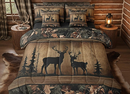 Erosebridal Rustic Cabin Bedding Sets 7 Piece Camo Hunting Deer Comforter Set Queen Farmhouse Woodland Animal Bed in A Bag for Kids Boys Teen Men,Tree Camouflage Wildlife Sheet Set with Comforter
