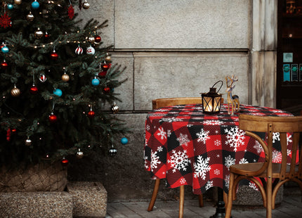 Christmas Round Tablecloth 60 Inch Red Buffalo Plaid Tablecloth Snowflake