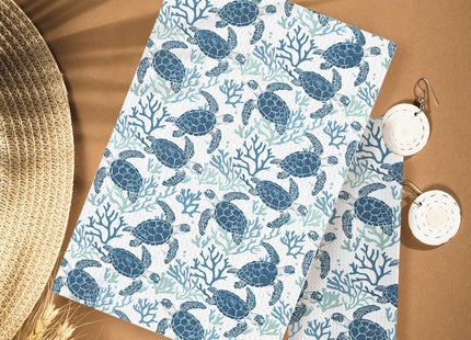 HUGANE Coral Sea Turtle Coastal Kitchen Towels, Navy Blue Beach Hand Towels for Bathroom, Blue Ocean Animal Beachy Nautical Dish Tea Towels for Kitchen Decor, 16x24 Inches