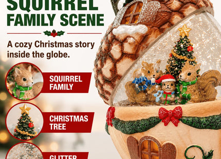 Christmas Pinecone Snow Globe Lantern with 6 Hours Timer, 3 AAA Battery Operated Glittering Water Globe, Lighted Squirrel Family Snow Globes for Xmas Mantel Tabletop Shelf Holiday Decorations Gifts