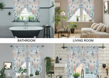 Coastal Starfish Swag Valances for Windows Rod Pocket Kitchen Window Curtains Over Sink, Ocean Sea Beach Coral Blue Kitchen Curtains Sets, Swag Curtains Valance for Living Room, 28"x36" Set of 2