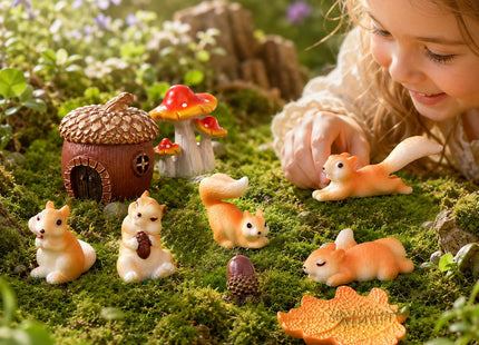 Delighture Fairy Garden Accessories, 9 Pieces Squirrel Resin Figures with Pinecone House Mushroom Leaf, Handmade Miniature Decor, Garden Miniatures Decors for Outdoor Home, Perfect DIY Gift
