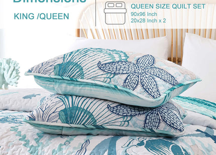 Djoymock Coastal Quilts Bedding Set Queen Size, Summer Green Fish Coral Nautical Bedding Quilt Set with Pillow Cases, Ocean Beach Reversible Bedspreads Coverlet Soft Microfiber Lightweight Comforter