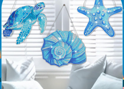 Yuefunny 3 Pcs Ocean Diamond Painting Hanging Kits, 5d DIY Coastal Diamond Art Turtle Starfish Door Sign, Summer Beach Hanging Decor for Home Garden Wall Window Under The Sea Party Favors