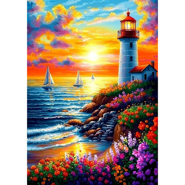 SENQAO Lighthouse Diamond Art Kits for Adults, Sunset Diamond Painting Kits for Beginners,Seaside Landscape Diamonds Pictures Gem Art for Adults Crafts Home Decor 12x16inch(Lighthouse,Waves, Flowers)
