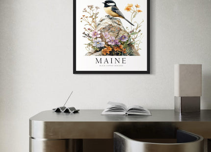 Maine Unframed Art Print Poster, State Bird Wall Art Wildlife Animal Botanical Decoration for Bedroom, Living Room Bathroom Decor 77 (Maine, 20"L x 16"W, Unframed)