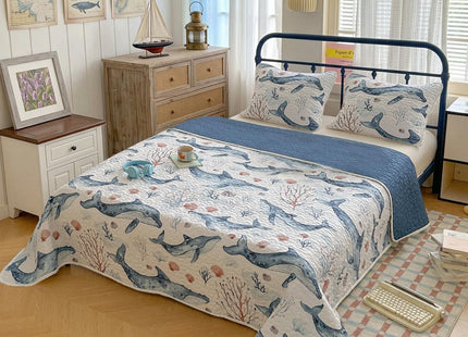 Coastal Quilt Sets Queen Size - Reversible Microfiber Blue Whale Ocean Style Quilts with 2 Shams Soft Lightweight Beach Bedding Nautical Bedspread Coverlet Summer Comforter for All Season
