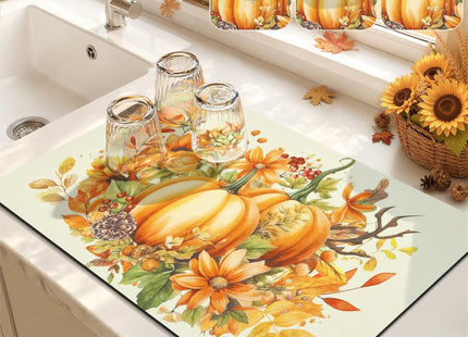 LOKHOM 12"x20" Fall Dish Drying Mat，Pumpkin Maple Leaves Floral