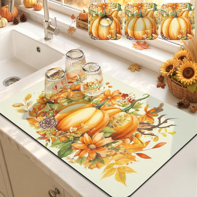 LOKHOM 12"x20" Fall Dish Drying Mat，Pumpkin Maple Leaves Floral