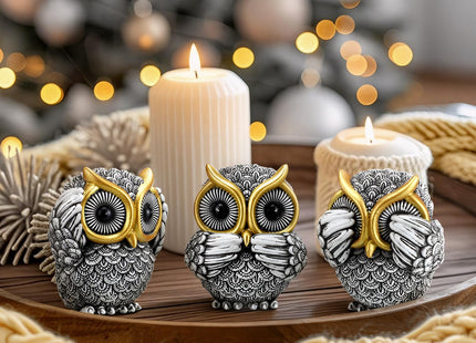 3 Pcs Owl Figurines Decor Mini Resin Wise Owl Statues Table Shelf Decor
