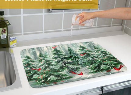 Winter Pine Tree Dish Drying Mat Red Bird Berry Dishes Drainer Mats Absorbent Microfiber Kitchen Counter Protector Drying Mats 18x24 Inch