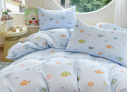 HighBuy Children Muslin Cotton Duvet Cover Queen Ocean Fish Printing Blue Bedding Duvet Cover Set 3 Piece for Kids Boys Teens Gauze Yarn-Dyed Comforter Cover Queen with 2 Pillow Shams