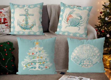 QIONG MENG Christmas Pillow Covers Coastal Beach Christmas Decor Retro Xmas Throw Pillows Covers Home Sofa Living Room Decorative Cushion Case 18x18 Inch Set of 4