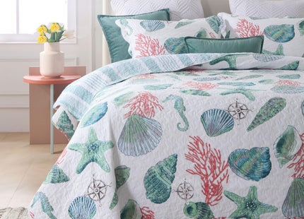 ABREEZE Coastal Beach Theme Bedding Queen Size Quilt Set Coverlet Cotton Reversible Starfish Seashell Conch Bedspread Coverlet Seaweed Coral Bed Cover with 2 Pillow Shams