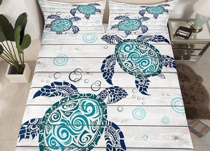 Manfei Sea Turtle Sheet Set Queen Size Ocean Animal Theme Bed Sheet Set 4pcs with Deep Pocket Fitted Sheet + Flat Sheet + 2 Pillowcases Underwater Aquatic Reptile Bedding Set for Kids Boys Girls