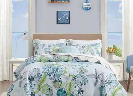 Tritard 3 Piece Coastal Beach Quilt Set King Size Ocean Beach Themed Bedding Set Microfiber Lightweight Bedspread Coverlet with 2 Shams Starfish Coral Seashell Bed Covers for All Season, 106''x96''