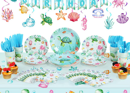 Libima 189 Pcs Sea Turtle Birthday Decorations Ocean Sea Party Tableware Turtle Plates Napkins with Sea Animal Cups Tablecloth Hanging Swirl for Under the Sea Baby Shower Turtle Pool Party Supplies