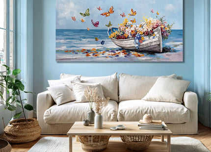 GAIDUOMAI Coastal Wall Art Butterfly and Flowers Pictures Wall Decor Wooden Boat Beach Wall Painting for Office Landscape Art for Dining Room Bedroom 24x48 Inch
