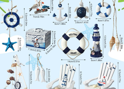 Yousoontic 14 Pack Mini Wood Nautical Home Decor Mediterranean Style Lighthouse, Beach Chair, Sailboat, Wood Box, Anchor, Life Ring, Starfish, Fish Pendant, Swimming Ring, Long Conch, Helmsman, Birds