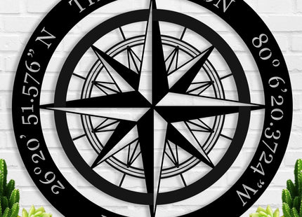 Nautical Wall Decor, Nautical Compass GPS Coordinates Metal Sign with Last Name Date, Metal Compass Decor, Personalized Outdoor Family Name Sign, Housewarming Gift