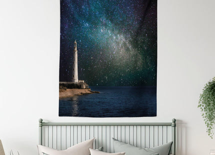Lunarable Night Sky Tapestry Twin Size, Ocean Sea Scenery Lighthouse Romantic Nebula Cosmos Big Stars View Image, Wall Hanging Bedspread Bed Cover Wall Decor, Twin Size, White Blue
