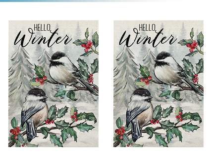 Hzppyz Hello Winter Chickadee Birds Garden Flag Double Sided, Red Berries Pine Tree Branch Farmhouse Decorative Yard Outdoor Home Small Decor, Snowy Forest Christmas Outside House Decoration 12 x 18
