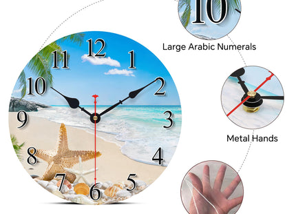 Toudorp 8in Coastal Beach Wall Clock Starfish Seashell Silent Palm Kitchen Home Decor