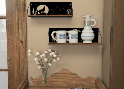 Giftgarden Floating Shelves for Wall with Unique Howling Wolves Cutout, Rustic Wolf Decor Wood Iron Hanging Shelf Decoration for Bedroom Bathroom Storage Cabin Lodge, Black
