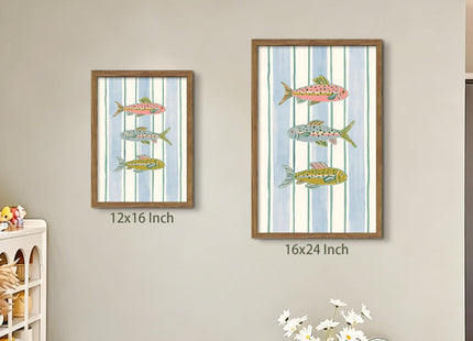 Coastal Fish Framed Canvas Wall Art, Nautical Fish Illustration Painting Print Picture, Kitchen Wall Decor Artwork Oil Painting for Dining Room Bathroom Living Room Lake House 12x16 Inch