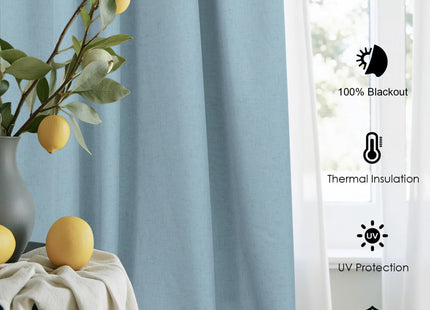 100% Blackout Curtains 90 Inches Long for Living Room 2 Panels Set Light Blocking Heat Darkening Energy Saving Curtain Window Coverings Coastal Beach Linen Farmhouse Drapes Bedroom Stone Blue Chambray