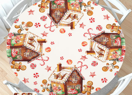 Christmas Round Fitted Tablecloth with Elastic for 36-40" Table Gingerbread
