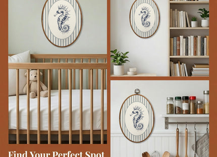 SONMYSULIL Coastal Beach Seahorse Wall Art Decor, Ocean Beach Nursery Oval Wall Hanging Decor, Blue Striped Ocean Seahorse Framed Canvas Prints for Home Bedroom Kids Nursery Room, 8.6x11.4 Inch