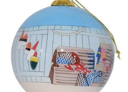Hand Painted Cape Cod Lobster Traps Ornament – Blown Glass Hanging Christmas Tree Decor with Coastal Life Artwork