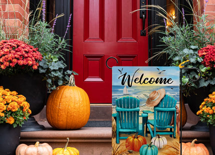 Hzppyz Welcome Fall Sea Pumpkin Garden Flag Double Sided, Autumn Beach Ocean Chairs Coastal Decorative Yard Outdoor Home Small Decor, Seagull Sailboat Nautical Outside House Decoration 12 x 18