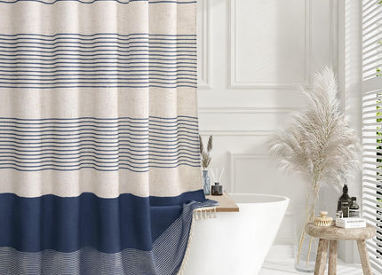 Navy Blue Coastal Ocean Linen Striped Shower Curtain with Tassel 72W X 72L