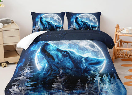 AILONEN Boys Wolf Bedding Set Full,Blue Starry Moon Wolf Comforter Set,Ice Howling Wolf Forest Printed Wildlife Kids Men Soft Comforter with 2 Pillowcases,3-Piece