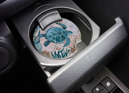 Car Drinks Coasters Set of 2 Pack Sea Turtle Ocean Animal Nautical Themed Absorbent Ceramic Stone Retro Coaster with A Finger Notch for Easy Removal from Auto Cupholder
