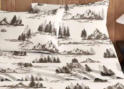 Wake In Cloud - Rustic Bed Sheets, 4-Piece Sheet Set, Cabin Forest Woodland Camping Theme with Lodge Mountain Pattern Printed Bedding, Deep Pocket, Beige Brown, Queen Size