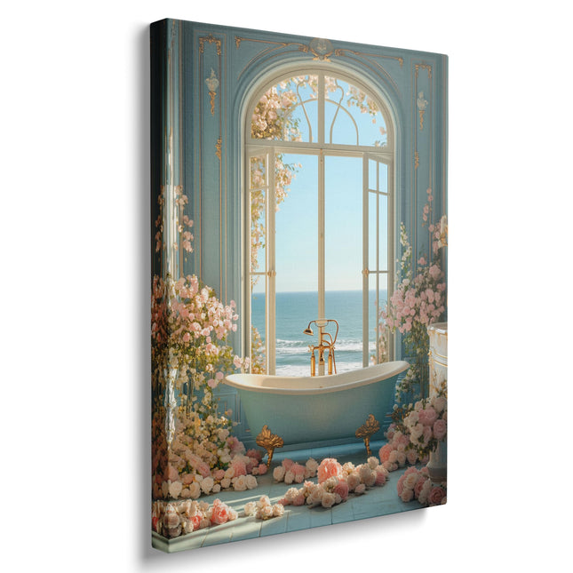 Coastal Blue Bathroom Canvas Wall Art Framed Floral Ocean Decor 16x24 Inch