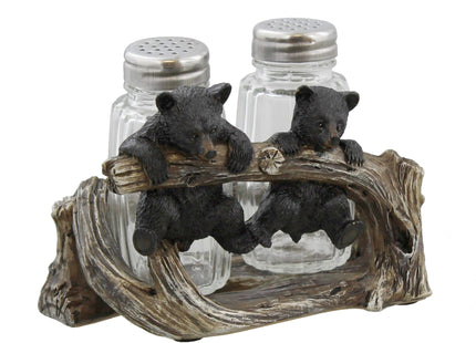 De Leon Collections Polyresin 2 Cute Woodland Black Bear Cubs Playing on Branch Rustic Cabin Salt and Pepper Shaker Holder Set