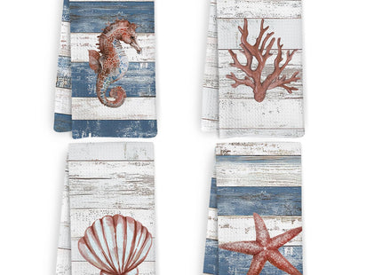 KFXHANGD Coastal Beachy Kitchen Towels and Dishcloths Set of 4, Nautical Starfish Seashell Dish Towels, Seahorse Coral Decorative Hand Tea Towel for Bathroom Kitchen, Beach Bathroom Decor, 16x24 Inch