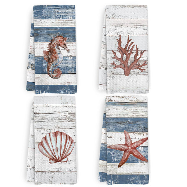 KFXHANGD Coastal Beachy Kitchen Towels and Dishcloths Set of 4, Nautical Starfish Seashell Dish Towels, Seahorse Coral Decorative Hand Tea Towel for Bathroom Kitchen, Beach Bathroom Decor, 16x24 Inch