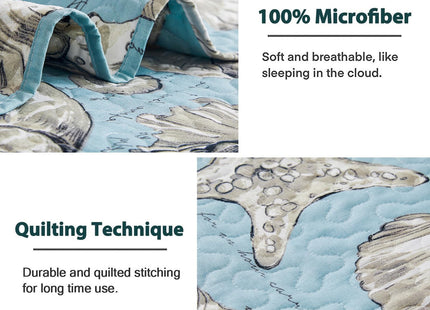 Junsey 3Pcs Coastal Quilt Set Twin Size Seashell Bedspread,Seahorse Seaweed Sea Fish Coverlet Set Lightweight Ocean Beach Quilts Reversible Bedding Cover Pillow Shams