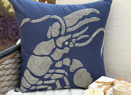 The HomeCentric Throw Pillow Cover 22x22 inch (55x55 cm) Navy Blue Pillow Cover, Beaded Lobster Sea Creatures Ocean Beach Theme Linen Throw Pillow Cover, Floral Mediterranean - Lobster At The Shore