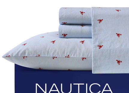 Nautica – Full Size Sheet Set, Crisp Cotton Percale Bedding with Matching Pillowcases, Lightweight & Breathable Bed Sheets, Deep Pocket, College Dorm Room Essentials (Lobster Walk Blue)